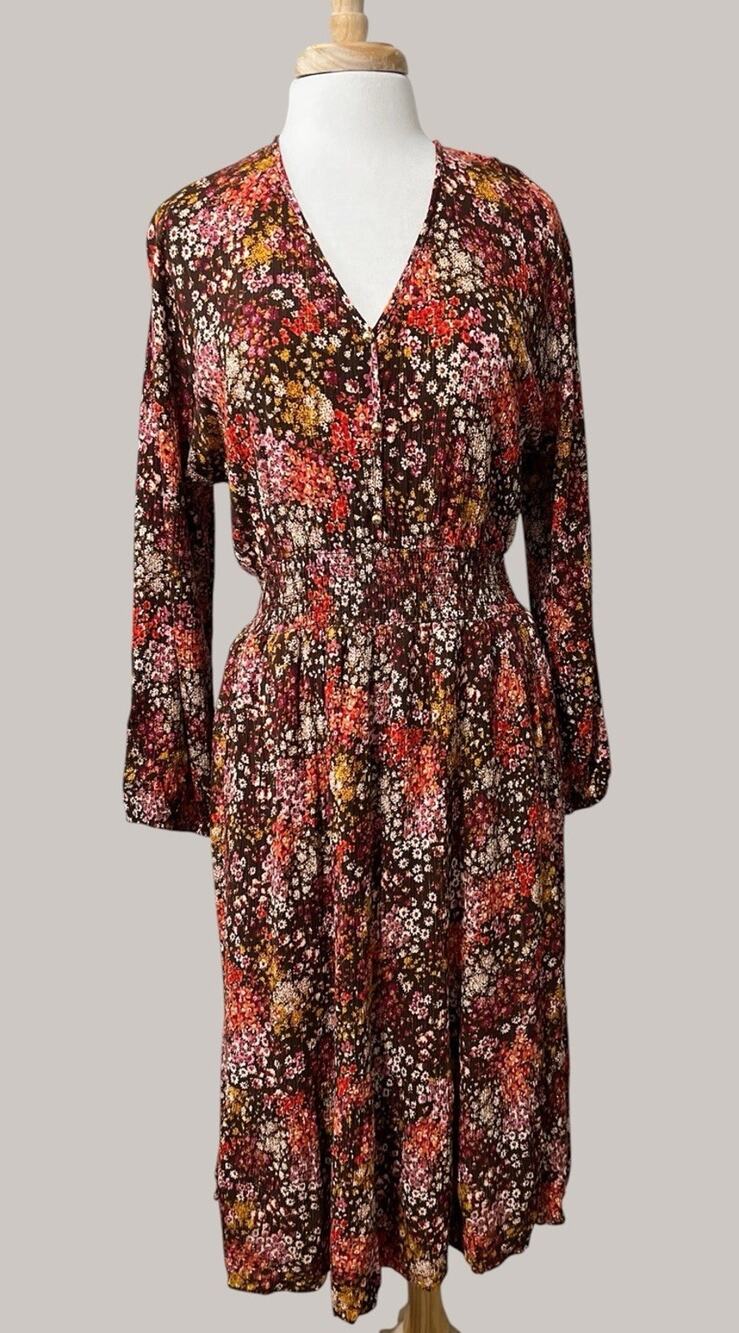 Stitch by Chenault Womens XXL Fall Fairy Bloomcore Midi Dress Smocked Tiered